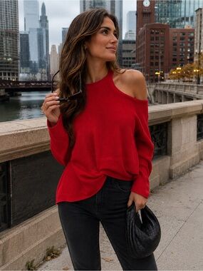 Red Cold-Shoulder Knit Sweater